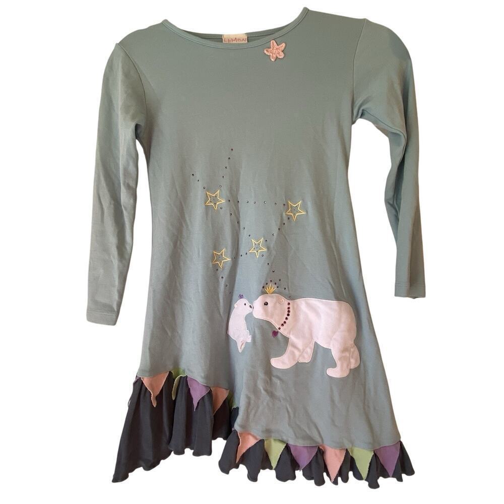 Girls Size 8 Lemon Loves Lime Dress & Leggings Set Embroidered Polar Bear Stars